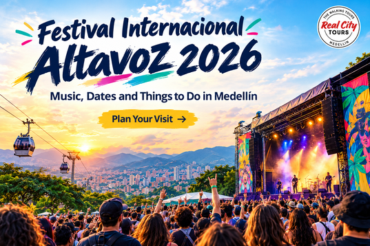 Blog banner for Festival Internacional Altavoz 2026 Medellín with concert crowd and Real City Tours logo
