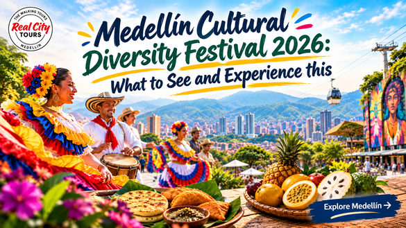 Blog banner for Medellín Cultural Diversity Festival 2026 with traditional Colombian dancers and Real City Tours logo
